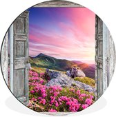 WallCircle - Wandcirkel - Muurcirkel - Bergen - Landschap - Doorkijk - Bloemen - Aluminium - Dibond - ⌀ 30 cm - Binnen en Buiten