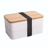 Japanse Dubbel Laag Lunch Bento Box met Houten Bamboe Deksel  [WIT] [ICED OUT] [BROODTROMMEL] [MAGNETRON VEILIG PLASTIC] 2022 New Hot Sell Premium Wood Bamboo Lids Microwave Safe Plastic 2 Tiers Japanese Lunch Box Bento With Cutlery Set