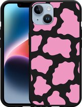 Geschikt voor Apple iPhone 14 Hoesje Zwart Roze Koeienvlekken - Designed by Cazy
