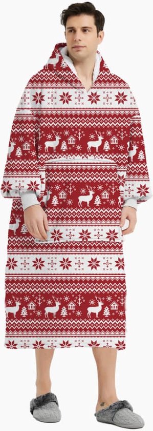 Kerst Hoodie Deken Extra LANG – Hoge Kwaliteit Sherpa Fleece – West - 150 cm - Mannen Rood