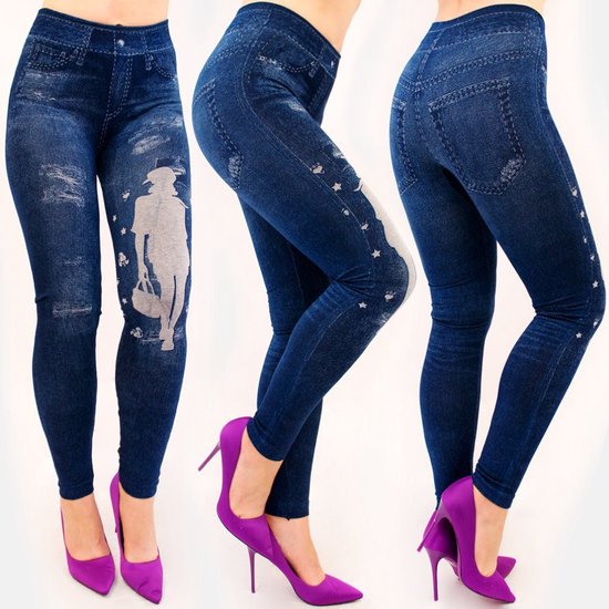 Legging dames- Jeans legging- Hoge taille, grote prints- Blauw met print 6801/3- Maat S