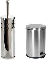 Berilo - Toiletborstel houder zilver rvs 38 cm met pedaalemmer 5 liter