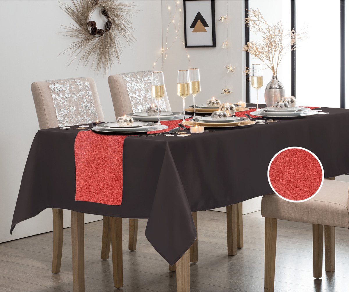 Atmosphera Tafelkleed/tafellaken zwart polyester 140 x 240cm met tafelloper rood