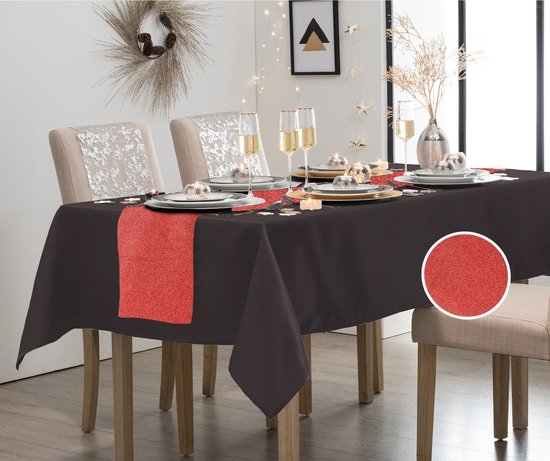 Atmosphera Nappe / nappe polyester noir 140 x 240cm avec chemin de table  rouge