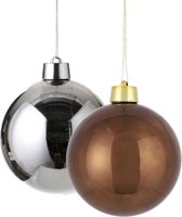Set de décorations de Noël de 2x grosses boules de Noël en plastique marron et argent brillant 20 cm