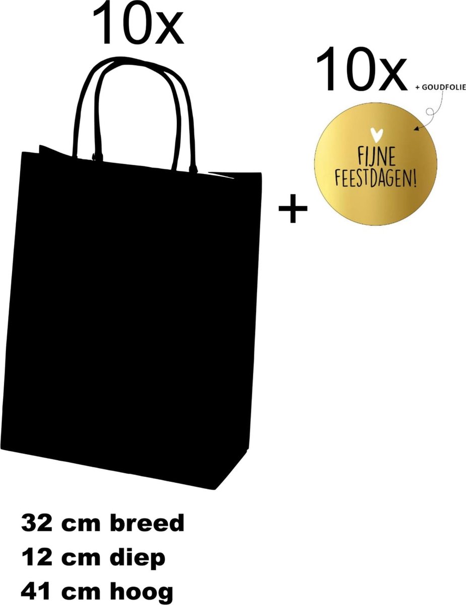 10x Geschenktassen Zwart - 10x Sluitstickers - Fijne Feestdagen - 32+12x41cm - 40mm - 10 stuks - Cadeautasje - Tassen - Geschenk - Verpakkingen - Geschenktasjes - Kerst - Sinterklaas - Sint - Kerstmis