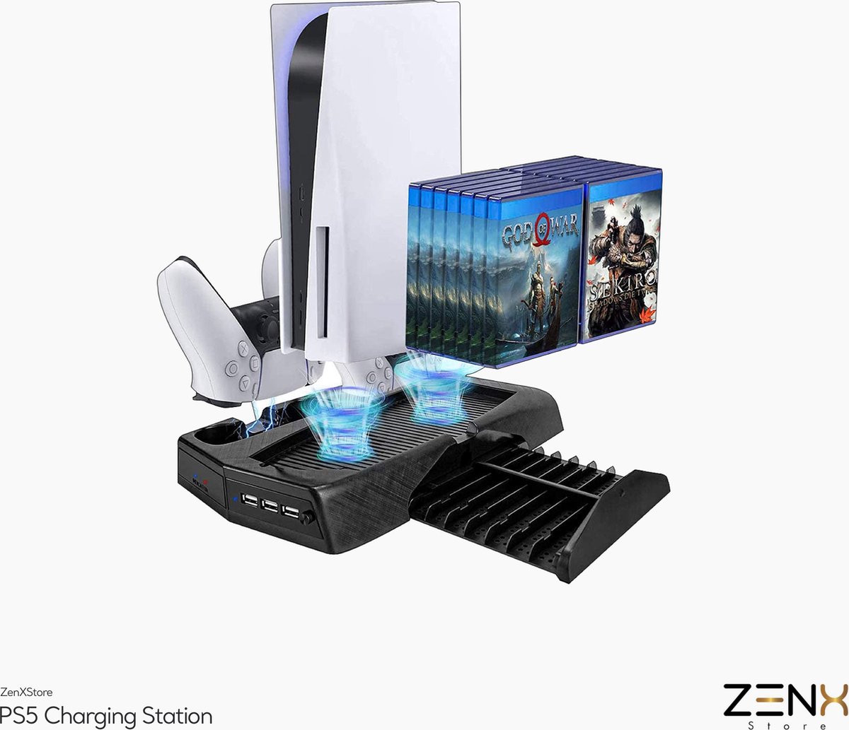 PS5 Oplaadstation -standaard met koelventilator en oplaadstation met dubbele controller voor ps 5 PS5-console, verbeterde PS5-koelventilator met oplaaddockstation en 12 spelslots - ZenXstore