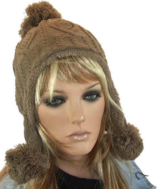 Teddy gevoerde warme wintermuts van acryl met oorflappen kleur beige taupe maat one size