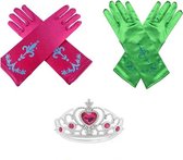 Voor bij je prinsessenjurk meisje - prinsessenspeelgoed meisje - Eprinsessenhandschoenen - speelgoed - 3-Pack - Kroon - Tiara - Groen - roze