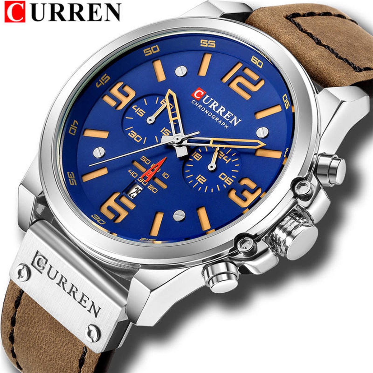 CURREN Horloge voor Mannen/Heren - Lederen Band - Jongens Horloges - Goud/Blauw - Ø 47 mm