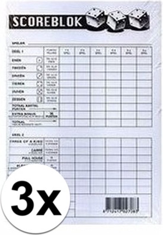 Scoreblok met dobbelstenen erop. Verpakking met '3x' opdruk. Blanco wit papier met zwarte lijnen.