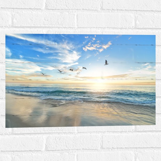 WallClassics - Muursticker - Meeuwen boven het Strand en Zee - 60x40 cm Foto op Muursticker