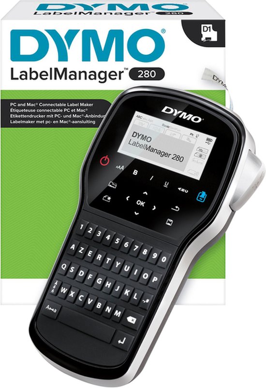 DYMO LabelManager 280 labelprinter en verpakking met groene accenten, tekst in meerdere talen.