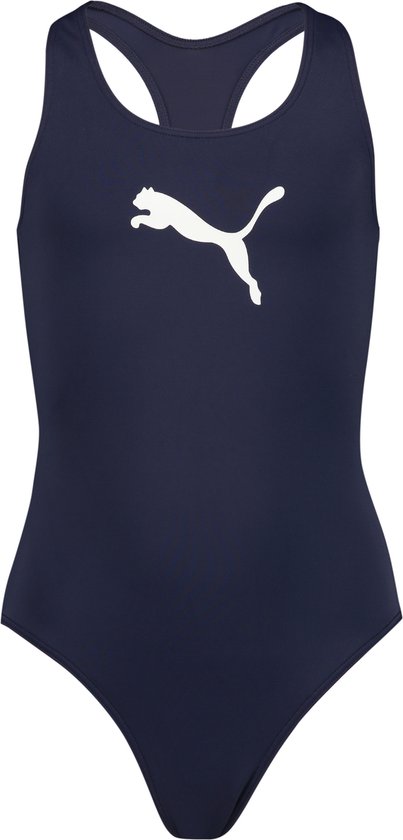 Donkerblauw racerback badpak voor meisjes met een wit Puma-logo op de borst.