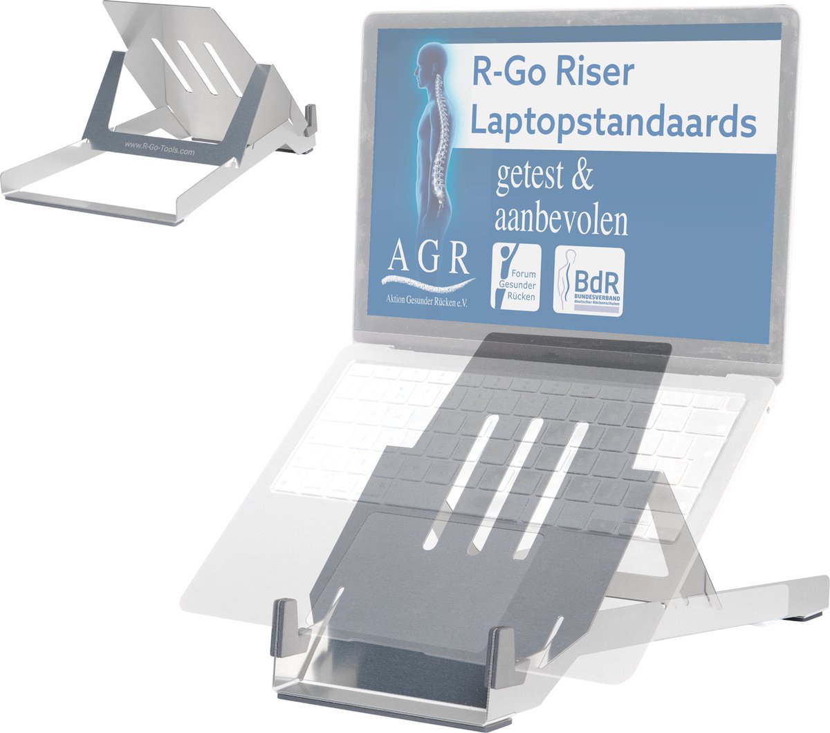 R-Go Riser Basic laptop stand, ergonomic folding and adjustable laptop riser, AGR certified,lLightweight Hylite aluminium, for 10- 22 inch laptop/MacBook, silver