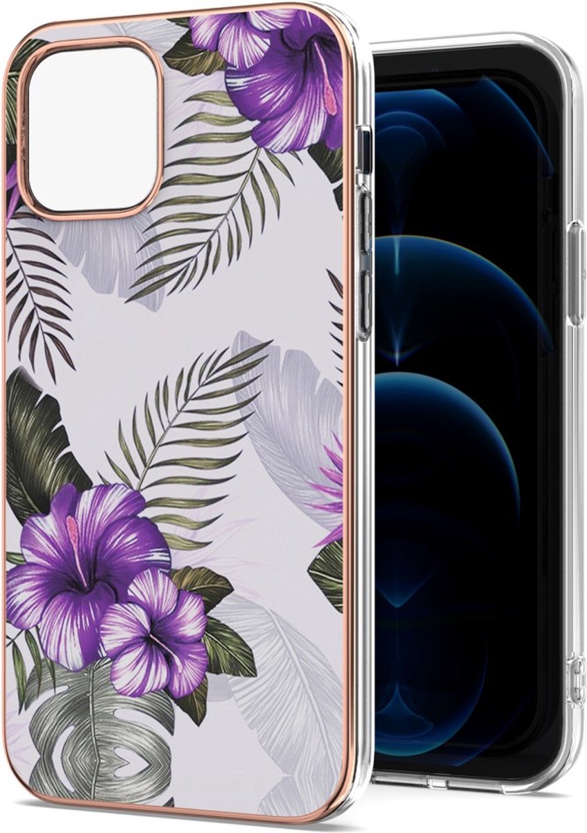 Peachy Tropical TPU tropische planten en bloemen hoesje voor iPhone 13 Pro Max - paars
