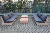 Set van 2 bankjes 180cm & 2 tafels “Sauna” van douglas hout – Antraciete kussens – relax bank set – Loungebank – Lage zetel – 6 persoons