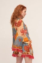 Katoenen zomer tuniek in BLAUW met franjes en lage talie Maat M/L