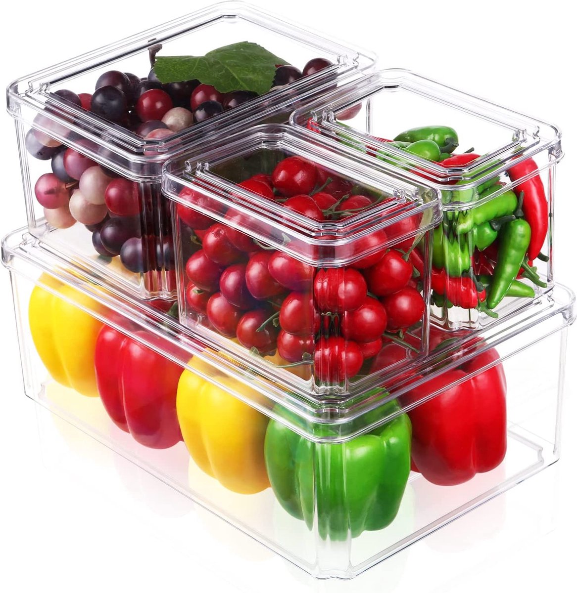 JOSPL Koelkastorganizer, set van 4 kleine koelkastboxen, voorraadcontainer, doorzichtige, stapelbare opbergdoos, organizer voor keuken, koelkast, kast, voorraadkamer