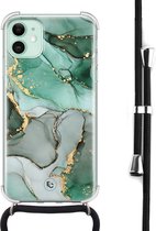 Hoesje met koord geschikt voor iPhone 11 - Marble Design - Inclusief zwart koord - Crossbody beschermhoes - Transparant, Groen - ELLECHIQ