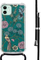 Hoesje met koord geschikt voor iPhone 11 - Vogels Japanse bloemen - Inclusief zwart koord - Crossbody beschermhoes - Transparant, Groen - Mooie Telefoonhoesjes