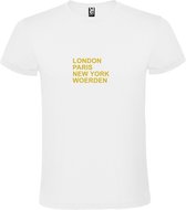 Wit T-shirt 'LONDON, PARIS, NEW YORK, WOERDEN' Goud Maat XL