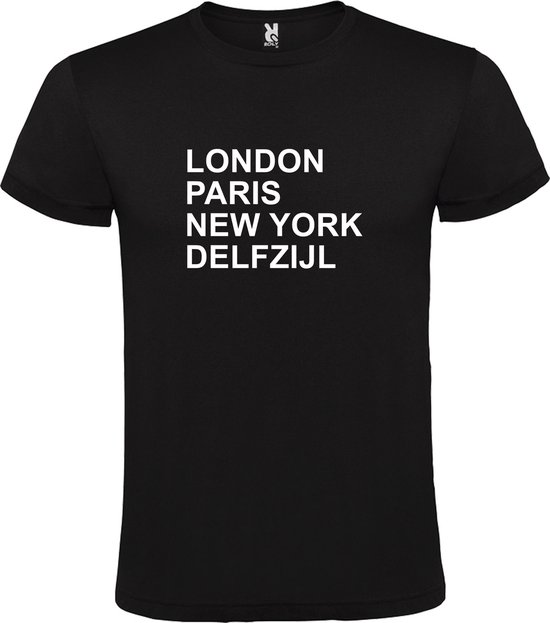 Zwart T-shirt 'LONDON, PARIS, NEW YORK, DELFZIJL' Wit Maat XS