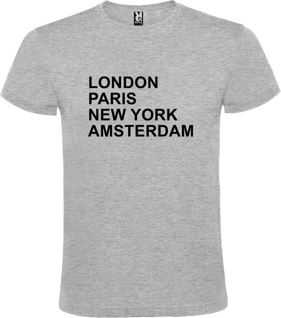 Grijs T-shirt 'LONDON, PARIS, NEW YORK, AMSTERDAM' Zwart Maat XXL