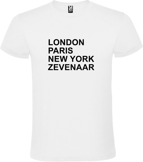 Wit T-shirt 'LONDON, PARIS, NEW YORK, ZEVENAAR' Zwart Maat 5XL