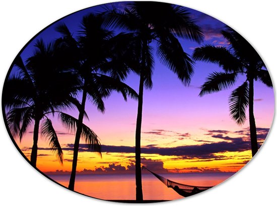 WallClassics - Dibond Ovaal - Silhouette van Palmbomen en Hangmat - 28x21 cm Foto op Ovaal (Met Ophangsysteem)