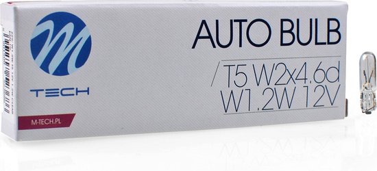 Doos met "AUTO BULB / T5 W2x4.6d W1.2W 12V" en een enkele auto lamp.