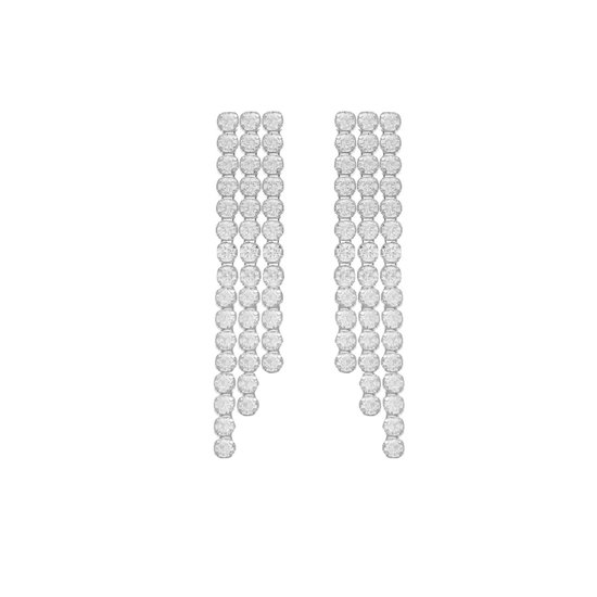 Cadeau voor haar - Victoria Cruz A4365-07HT Zilveren Oorhangers met Kristal Steentjes - 3 Rijtjes Aflopend - Wit - 40x7,3mm - Rhodium - Zilver