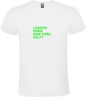 T-Shirt Wit avec « LONDON, PARIS, NEW YORK, DELFT » Image Vert Fluo Taille XXL
