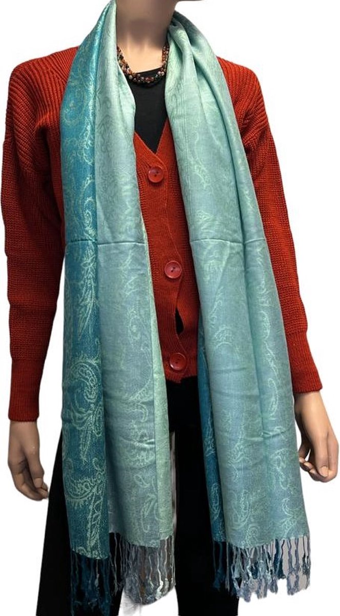 Sjaal- Pashmina Sjaal- Fijn geweven trendy Sjaal- Tweezijdige omslagdoek 212/6- Blauw met grijs, lichtblauw details