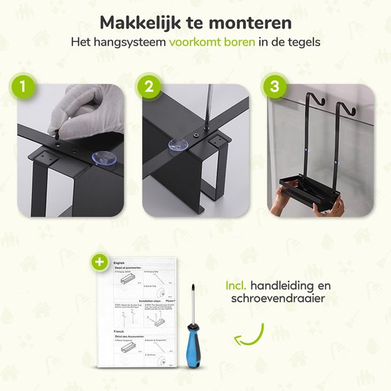 Illustratie van de montage van het zwarte 2-laags doucherek met schroeven, zuignappen en handleiding.