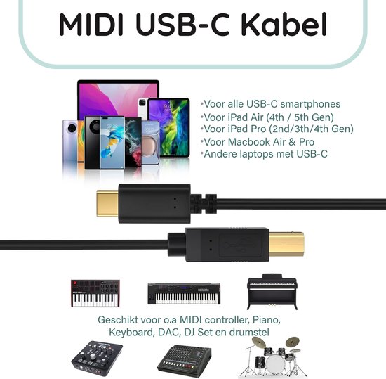 Câble d'imprimante - Câble USB C vers USB 2.0 B - Câble Midi USB C