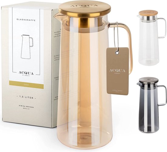 ACQUA DI AMALFI® Glazen karaf met deksel, waterkaraf 1,5 liter, glazen kan met deksel, lekvrij en hoogwaardig, ideaal voor limonade, water en thee (blauw/staal