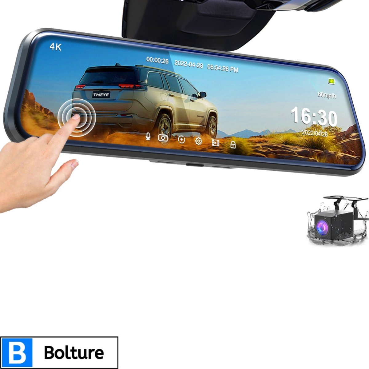Bolture Dashcam - Dashcam Voor Auto - Dashcam Voor Auto Voor en Achter - Touchscreen - Loopopname - Spiegel - 4K - Nachtzicht