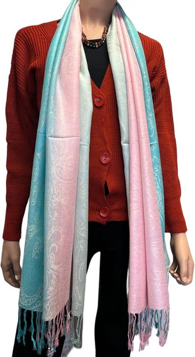 Sjaal- Pashmina Sjaal- Fijn geweven trendy Sjaal- Tweezijdige omslagdoek 212/5- Blauw met lichtroze details