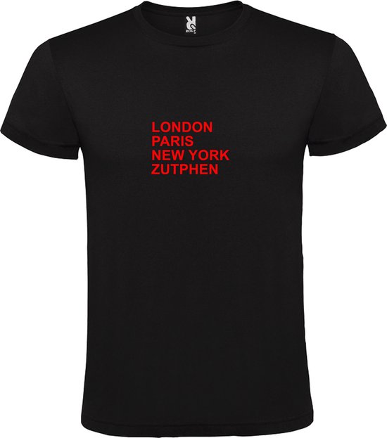 Zwart T-Shirt met “ LONDON, PARIS, NEW YORK, ZUTPHEN “ Afbeelding Rood Size XS
