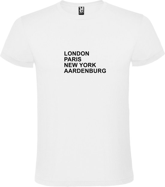 Wit T-Shirt met “ LONDON, PARIS, NEW YORK, AARDENBURG “ Afbeelding Zwart Size L