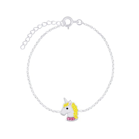 Joy|S - Zilveren eenhoorn armband - 14 cm + 3 cm - unicorn geel roze met kristal - voor kinderen