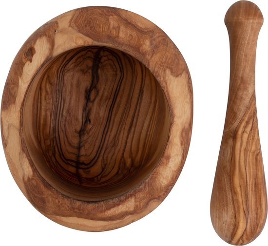 Bowls and Dishes Pure Olive Wood Olijfhouten Vijzel 12 cm met stamper | Cadeau tip!