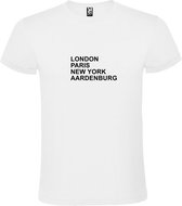 Wit T-Shirt met “ LONDON, PARIS, NEW YORK, AARDENBURG “ Afbeelding Zwart Size XXXXXL