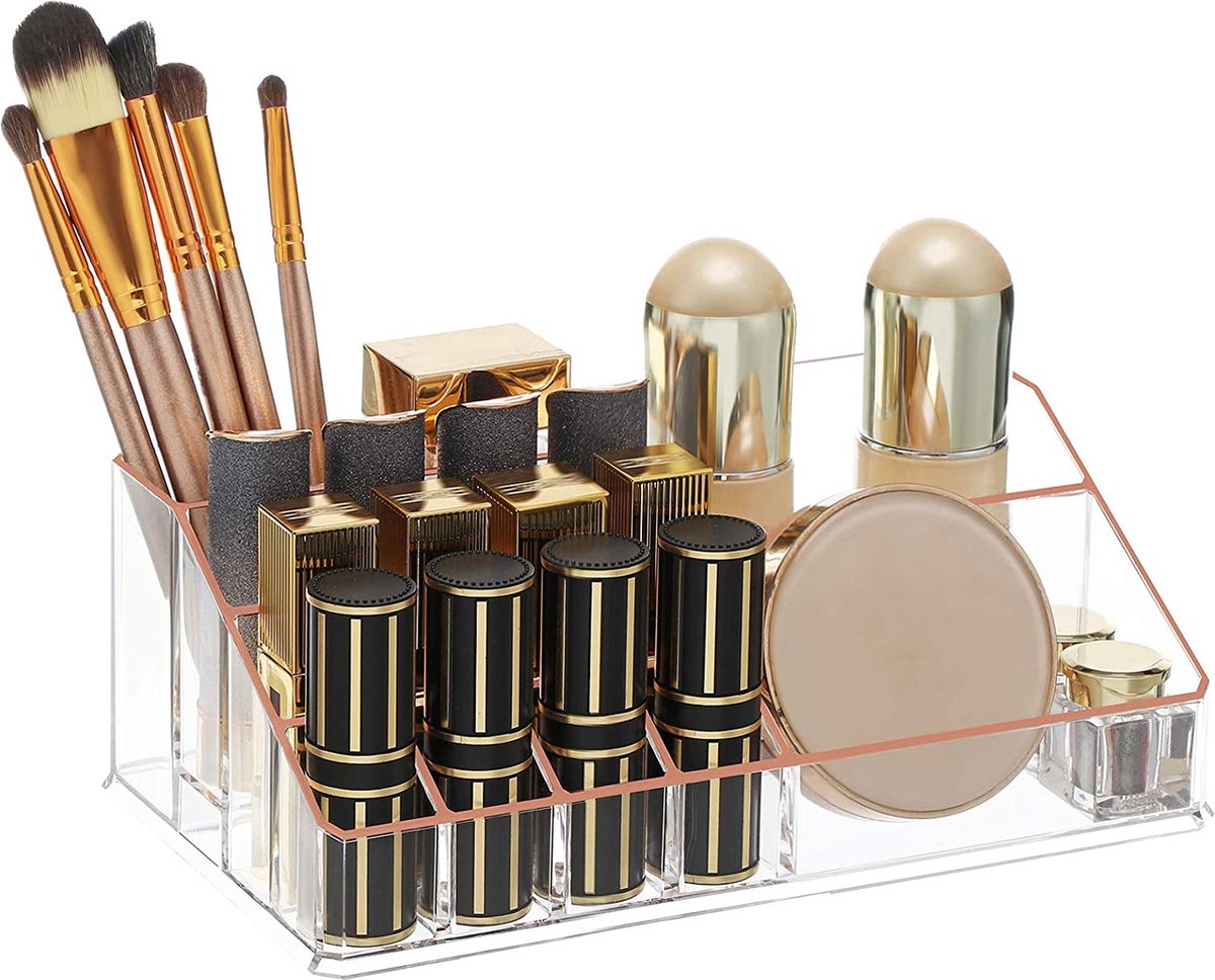 Make-up organizer, cosmetica organizer met 3 lades en 15 vakken in verschillende maten, transparant roségoud HMKA002T01
