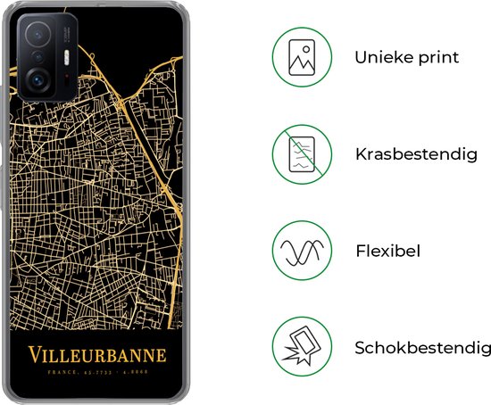 Telefoonhoesje Geschikt voor Xiaomi 11T Pro hoesje - Villeurbanne - Kaart - Goud - Siliconen Telefoonhoesje