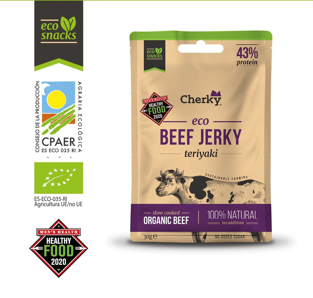 CHERKY · BIOLOGISCHE BEEF JERKY · TERIYAKI · 12 PACK