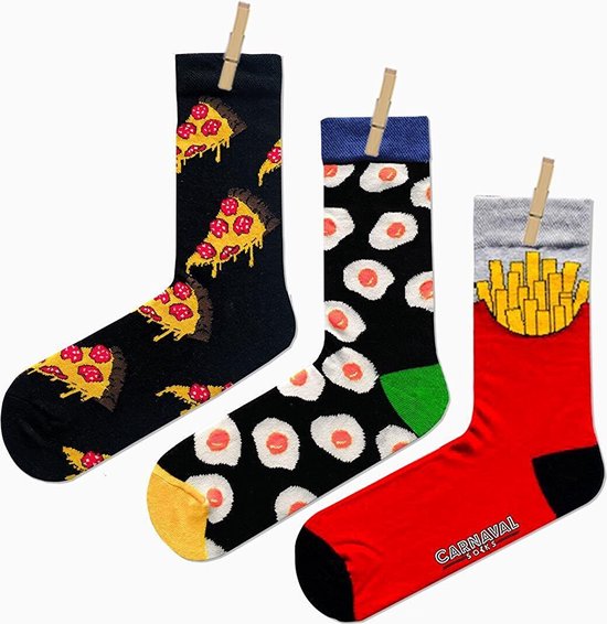 3 Paar Sokken - Socks - Gift Box - Katoen - Kleurrijke Sokken - Kerstcadeau - Christmas Gift - Maat 37-44 - Vrolijke Sokken - Pizza - Eieren - Frits