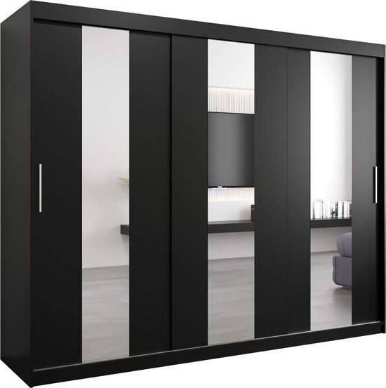 InspireMe - Kledingkast met 3 schuifdeuren, Modern-stijl, Een kledingkast met planken en een spiegel (BxHxD): 250x200x62 - DANCE 250 Zwart Mat met 4 lades
