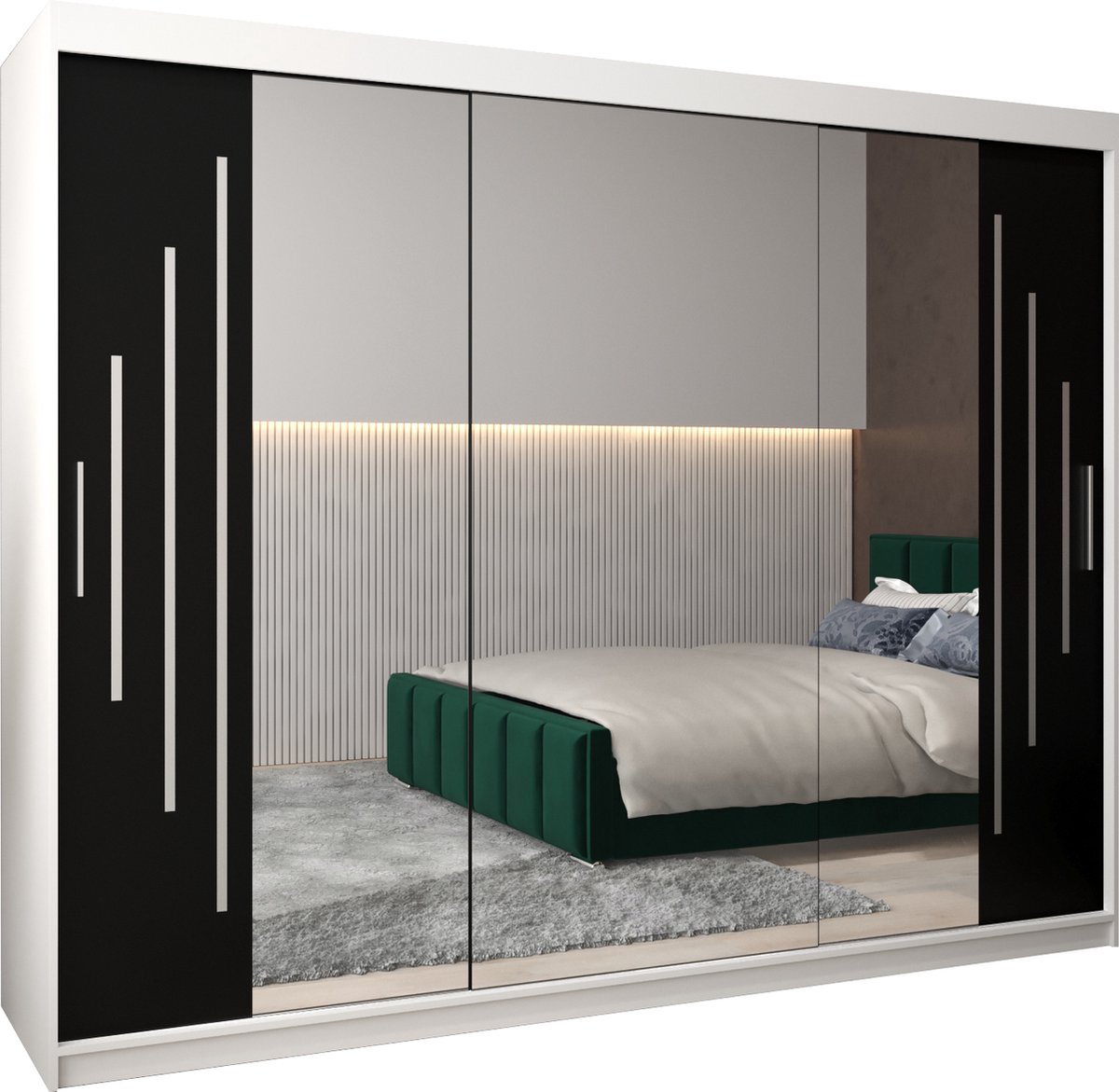 InspireME Kledingkast met 3 schuifdeuren, Modern-stijl, Een kledingkast met planken en een spiegel (BxHxD): 250x200x62 - MALTESE II 250 Wit Mat + Zwart met 4 lades